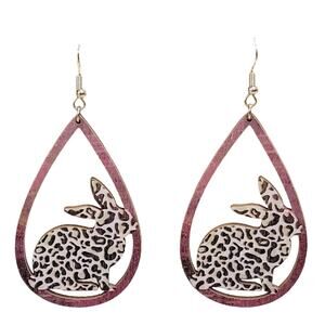 Easter Bunny Earrings Leopard Print Wooden Dangle Spring Novelty‎ Jewelry Gift